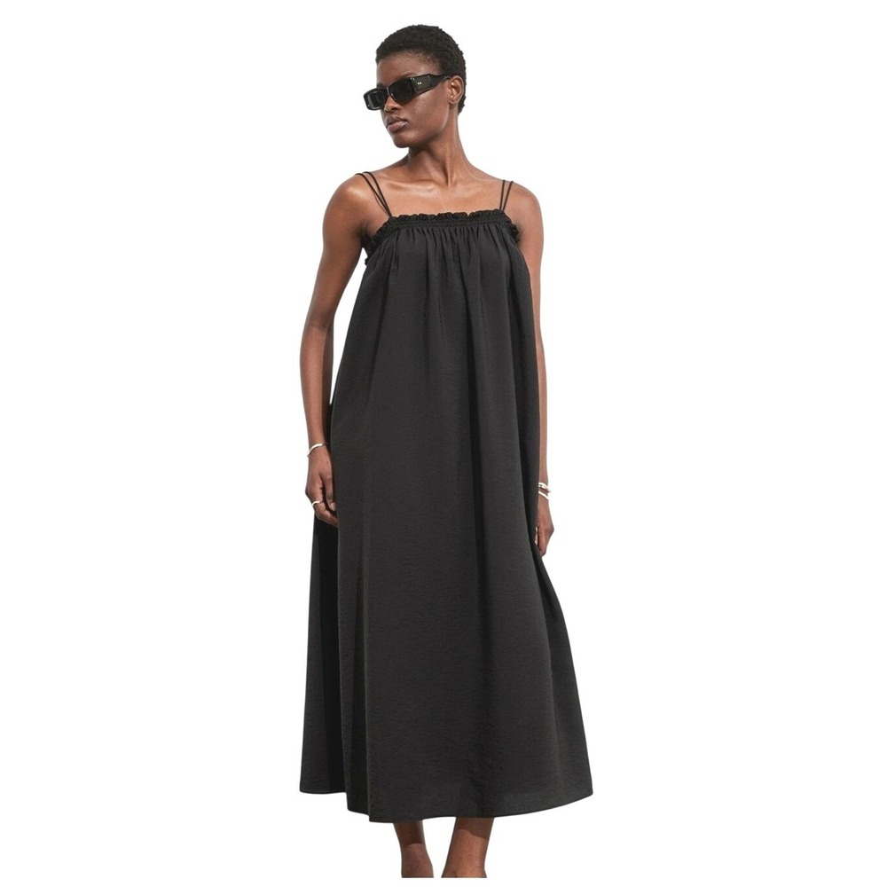 & Other Stories Womens L Midi Dress Black Floaty Strappy Smocked Ruffle Lyocell